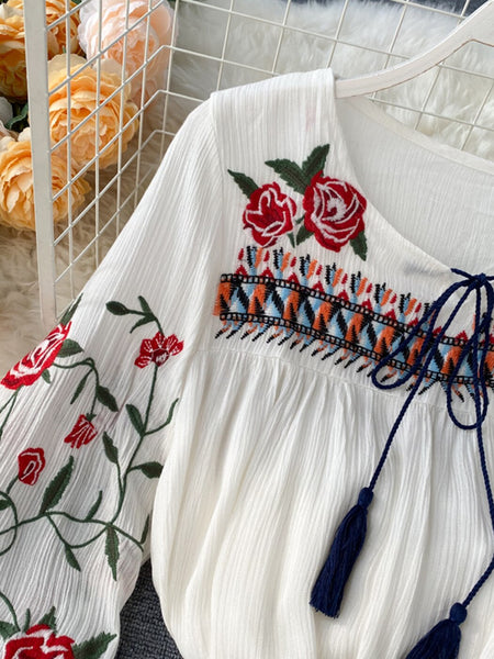 Boho Rose Embroidery Chic Lace-up O Neck Shirt