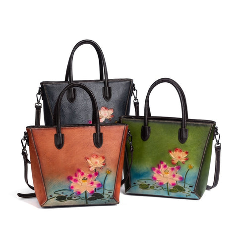 Genuine Cowhide Leather Floral Patterned Retro Handbag 