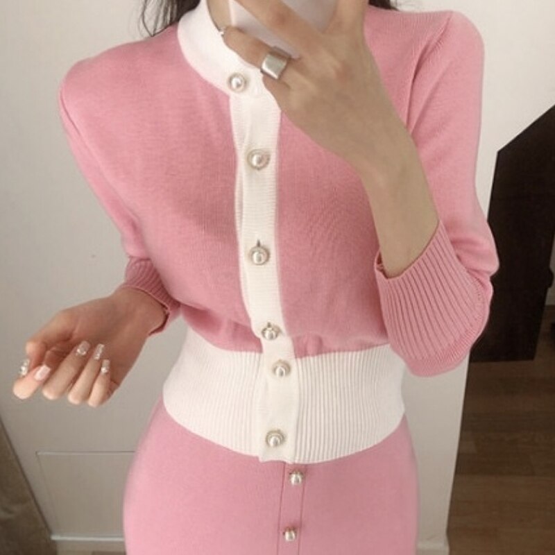 Elegant Single-Breasted Knit Cardigan +Split Maxi Skirt Set