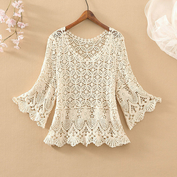 Flare-Sleeved Embroidered Cotton-Knit Lace Blouse
