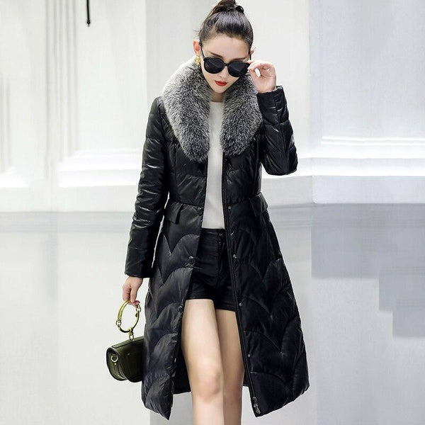 Genuine Sheepskin Leather & Fox Fur Collar Winter Down Coat